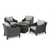 Antibes Outdoor 5 Piece Grey Wicker Club Chairs with Silver Water Resistant Cushions and Grey Finished Fire Pit Noble House