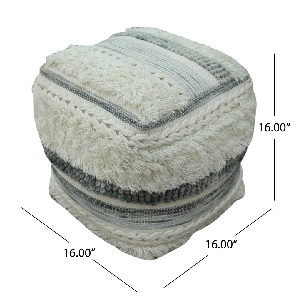 Cacey Handcrafted Boho Fabric Pouf, Ivory and Gray Noble House