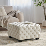 Noble House Jaymee Modern Glam Button Tufted Velvet Ottoman, Ivory and Dark Brown