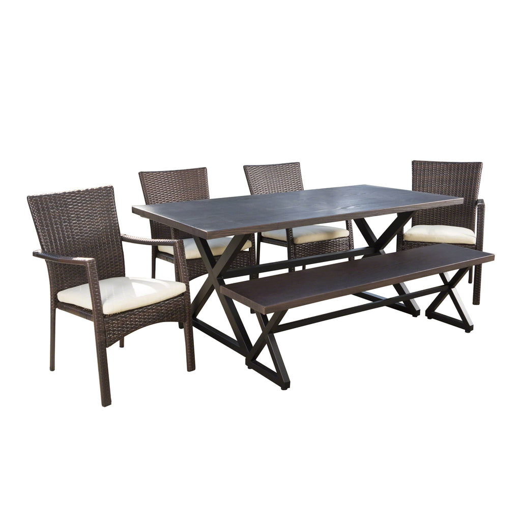 Tritan Outdoor 6 Piece Brown Aluminum Dining Set with Bench and Brown Wicker Dining Chairs with Crème Water Resistant Cushions Noble House