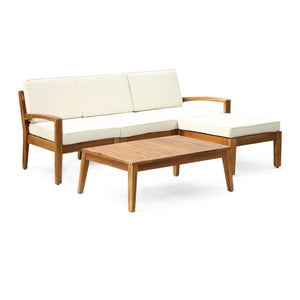 Grenada Outdoor Mid-Century Modern 3 Seater Acacia Wood Sectional Sofa with Coffee Table and Ottoman, Teak and Beige Noble House