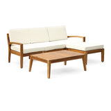 Grenada Outdoor Mid-Century Modern 3 Seater Acacia Wood Sectional Sofa with Coffee Table and Ottoman