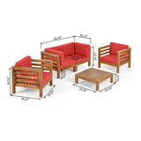 Noble House Oana Outdoor 4 Seater Acacia Wood Loveseat Chat Set, Teak Finish and Red 