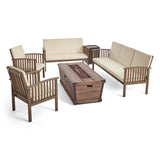 Carolina Outdoor 4 Piece Acacia Wood Conversational Set with Cushions and Fire Pit, Gray with Cream and Brown Noble House