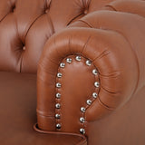 Litch Chesterfield Leather Tufted 3 Seater Sofa with Nailhead Trim, Cognac Brown and Brown Noble House