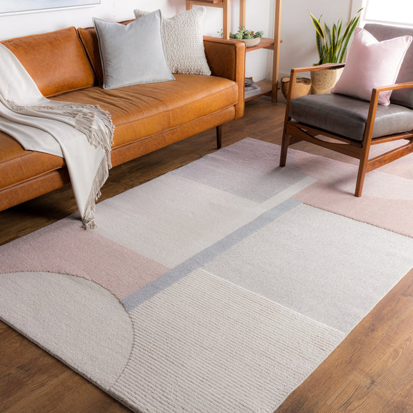Flux XUF-1001 Modern NZ Wool, Polyester Rug XUF1001-91210 Pale Pink, Rose, Beige, Light Gray, Medium Gray, Taupe, Denim 70% NZ Wool, 30% Polyester 9' x 12'10"