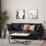 Brockbank Modern Faux Leather 3 Seater Sofa with Pillows, Midnight Black and Silver Noble House