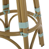 Noble House Starla Outdoor French Aluminum 29.5 Inch Barstools (Set of 4), Light Teal, White, and Bamboo Finish