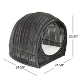 Rocky Outdoor Wicker Igloo Pet Bed with Cushion, Black and Beige Noble House