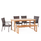 Noble House Nibley Outdoor Acacia Wood and Wicker 6 Piece Dining Set with Bench, Teak and Multibrown