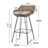 Kevin Outdoor Wicker and Iron Barstools with Cushion, Light Brown and Beige Noble House