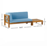 Brava Outdoor Acacia Wood Left Arm Loveseat and Coffee Table Set with Cushion, Teak and Blue Noble House