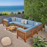 Oana Outdoor U-Shaped Sectional Sofa Set with Coffee Table - 9-Piece 8-Seater - Acacia Wood - Outdoor Cushions - Teak and Blue Noble House