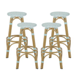 Noble House Starla Outdoor French Aluminum 29.5 Inch Barstools (Set of 4), Light Teal, White, and Bamboo Finish