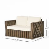 Cadence Outdoor Grey Finished Acacia Wood Loveseat and Coffee Table Set with Cream Water Resistant Cushions Noble House