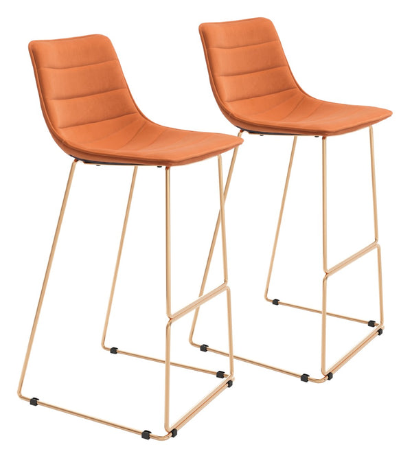 Zuo Modern Adele 100% Polyester, Plywood, Steel Modern Commercial Grade Barstool Set - Set of 2 Orange, Gold 100% Polyester, Plywood, Steel
