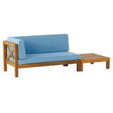 Brava Outdoor Acacia Wood Left Arm Loveseat and Coffee Table Set with Cushion, Teak and Blue Noble House