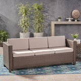 Puerta Outdoor Wicker 3 Seater Sofa, Brown with Ceramic Grey Cushions Noble House