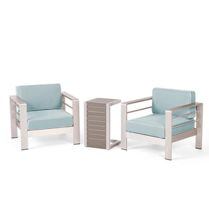 Cape Coral Outdoor 3 Piece Silver Aluminum Framed Chat Set with Light Teal and White Corded Water Resistant Cushions and Natural Finished Faux Wood C-Shaped Side Table Noble House