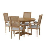 Noble House Mores French Country Upholstered Wood and Cane 5 Piece Circular Dining Set, Natural and Light Gray
