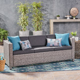 Puerta Outdoor Wicker 3 Seater Sofa, Mixed Black with Dark Grey Cushions Noble House