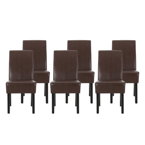 Pollards Contemporary Upholstered Dining Chairs (Set of 6), Dark Brown Faux Leather and Espresso Noble House