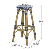 Noble House Starla Outdoor French Aluminum 29.5 Inch Barstools (Set of 4), Navy Blue, White, and Bamboo Finish