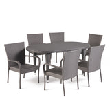 Sophia Outdoor 7 Piece Grey Wicker Oval Dining Set with Stacking Chairs Noble House