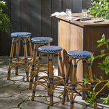 Noble House Starla Outdoor French Aluminum 29.5 Inch Barstools (Set of 4), Navy Blue, White, and Bamboo Finish