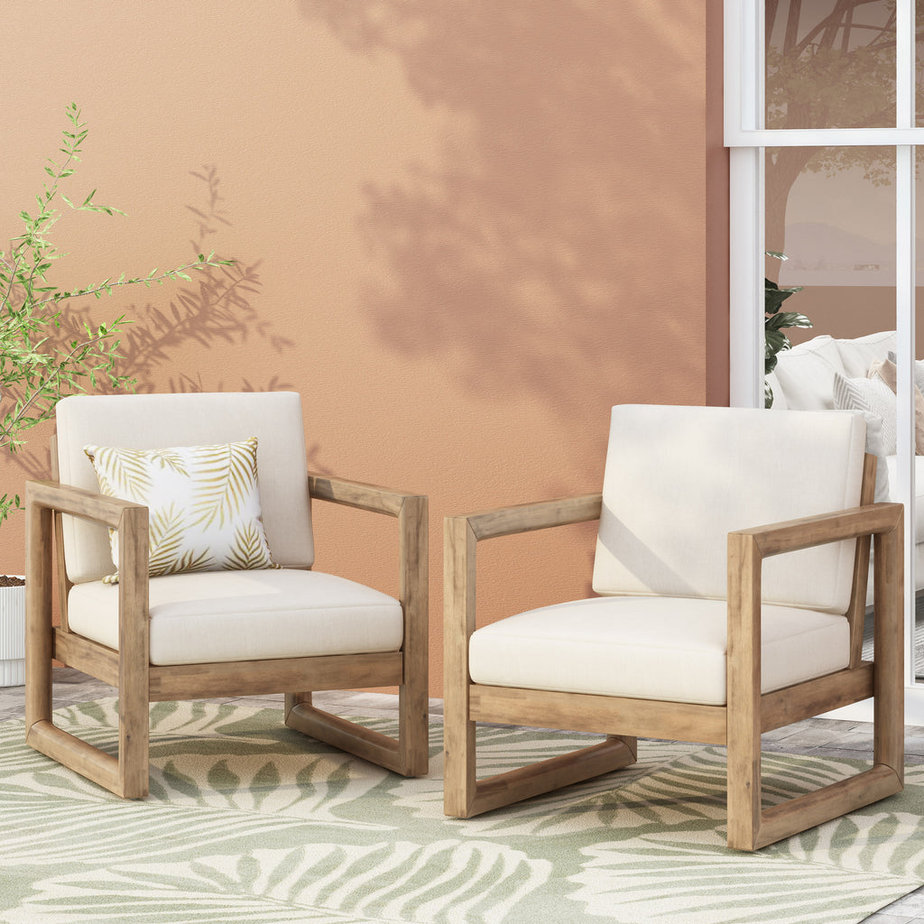 Stefan Outdoor Acacia Wood Club Chairs with Cushions, Brown and Beige Noble House