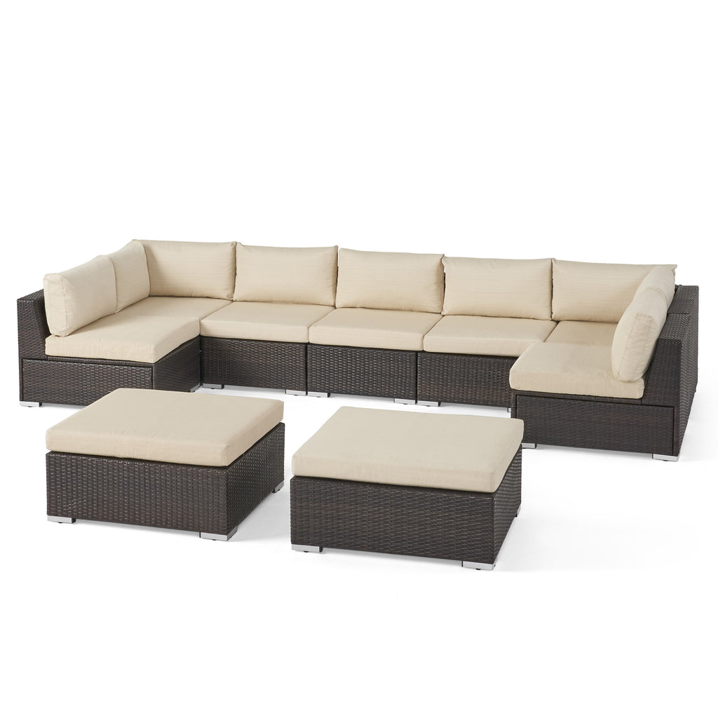 Santa Rosa Outdoor 7 Seater Wicker Sectional Sofa Set with Cushions, Multibrown with Beige Cushions Noble House