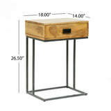 Duso Modern Industrial Handmade Mango Wood C-Shaped Side Table with Drawer, Natural and Gray Noble House