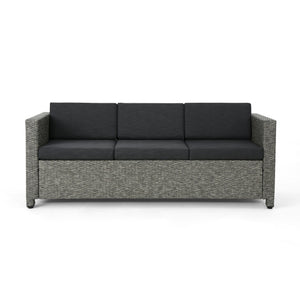 Puerta Outdoor Wicker 3 Seater Sofa, Mixed Black with Dark Grey Cushions Noble House