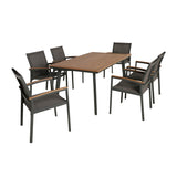 Noble House Waldrof Outdoor 7 Piece Aluminum and Mesh Dining Set with Wood Top, Natural Finish and Gray