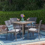 Marias Outdoor 5 Piece Wood and Wicker Dining Set, Gray and Gray Noble House
