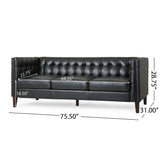 Pondway Contemporary Faux Leather Tufted 3 Seater Sofa, Midnight Black and Brown Noble House