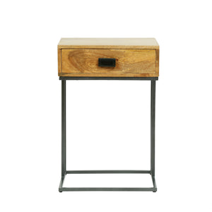 Duso Modern Industrial Handmade Mango Wood C-Shaped Side Table with Drawer, Natural and Gray Noble House