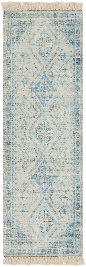 Zainab ZAI-2314 Traditional Cotton, Polyester Rug ZAI2314-268 Sky Blue, Navy, Sage, Lime, Dark Green, White 70% Cotton, 30% Polyester 2'6" x 8'