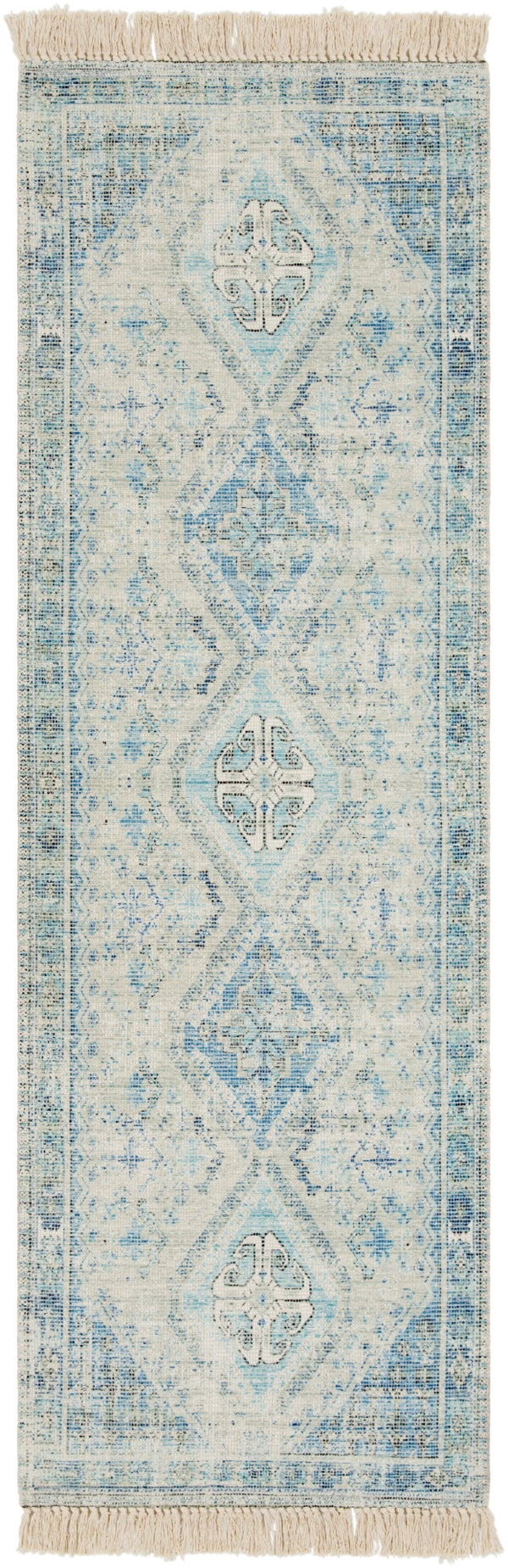 Zainab ZAI-2314 Traditional Cotton, Polyester Rug ZAI2314-268 Sky Blue, Navy, Sage, Lime, Dark Green, White 70% Cotton, 30% Polyester 2'6" x 8'