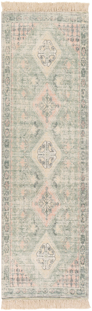 Zainab ZAI-2316 Traditional Cotton, Polyester Rug ZAI2316-268 Sage, Dark Green, Lime, Pale Pink, Khaki, White 70% Cotton, 30% Polyester 2'6" x 8'