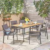 Noble House Waldrof Outdoor 7 Piece Aluminum and Mesh Dining Set with Wood Top, Natural Finish and Gray