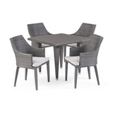 Lenox Outdoor 5 Piece Grey Wicker Square Dining Set with Light Grey Water Resistant Cushions Noble House