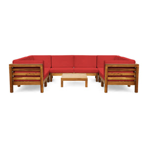Noble House Oana Outdoor U-Shaped Sectional Sofa Set with Coffee Table - 9-Piece 8-Seater - Acacia Wood - Outdoor Cushions - Teak and Red