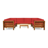 Noble House Oana Outdoor U-Shaped Sectional Sofa Set with Coffee Table - 9-Piece 8-Seater - Acacia Wood - Outdoor Cushions - Teak and Red
