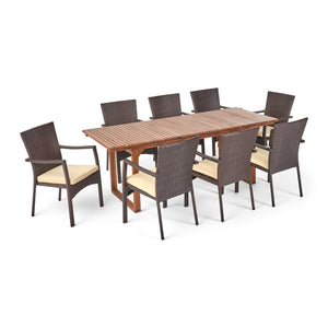 Villa Outdoor 8 Seater Expandable Wood and Wicker Dining Set, Brown and Cream Noble House