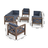 Brava Outdoor 8 Seater Acacia Wood Sofa and Club Chair Set, Gray Finish and Dark Gray Noble House