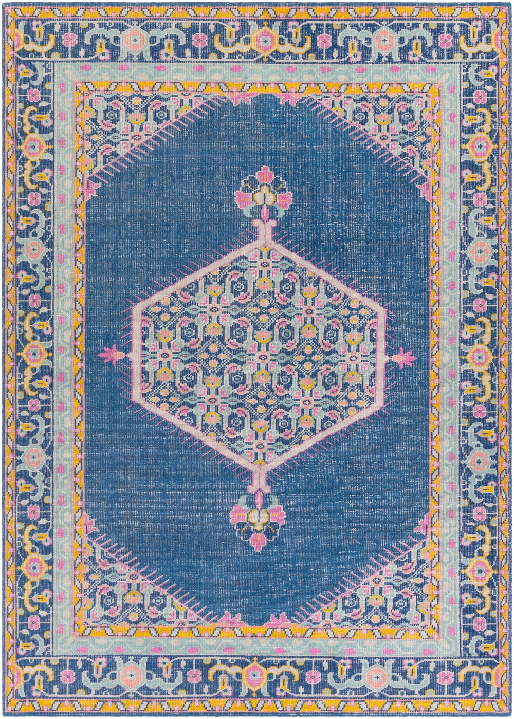 Zahra ZHA-4051 Traditional NZ Wool Rug ZHA4051-5686 Navy, Bright Pink, Bright Yellow, Pale Pink, Aqua, Medium Gray 100% NZ Wool 5'6" x 8'6"