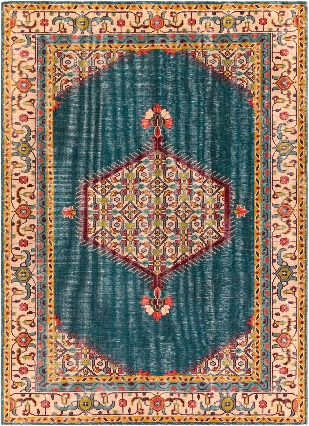 Zahra ZHA-4052 Traditional NZ Wool Rug ZHA4052-5686 Teal, Bright Red, Olive, Mustard, Dark Purple, Beige 100% NZ Wool 5'6" x 8'6"