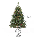 4.5-foot Mixed Spruce Pre-Lit Clear String Light Hinged Artificial Christmas Tree with Frosted Branches, Red Berries, and Frosted Pinecones