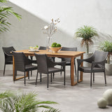 Noble House Aggie Outdoor Acacia Wood and Wicker 7 Piece Dining Set, Teak and Multibrown